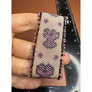 Handmade Beaded Cuff Bracelet Iridescent Cream Purple Black Floral Slide Clasp